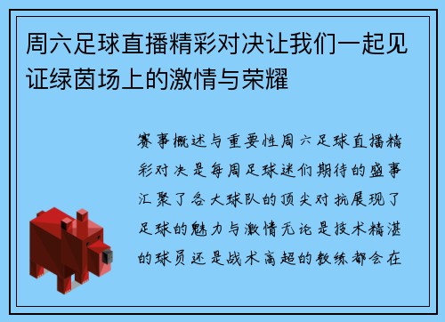 周六足球直播精彩对决让我们一起见证绿茵场上的激情与荣耀