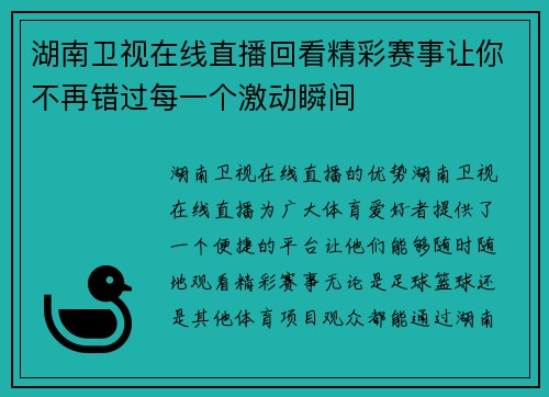 湖南卫视在线直播回看精彩赛事让你不再错过每一个激动瞬间