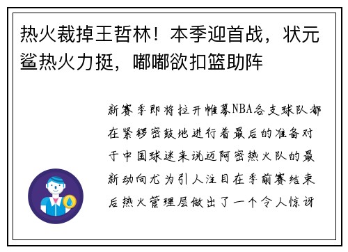 热火裁掉王哲林！本季迎首战，状元鲨热火力挺，嘟嘟欲扣篮助阵