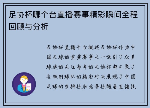 足协杯哪个台直播赛事精彩瞬间全程回顾与分析
